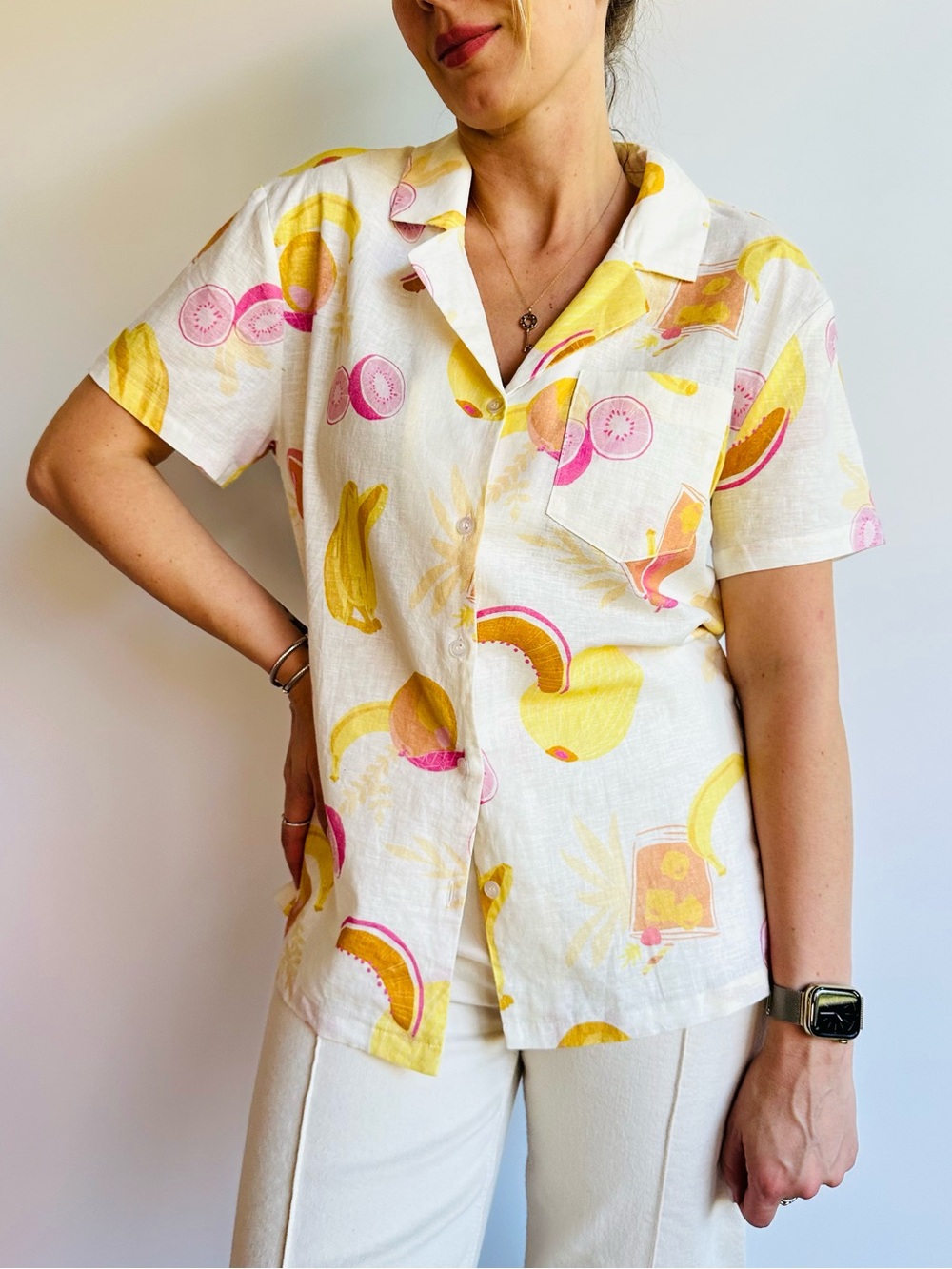 Charlie Holiday Tropical Fruit Linen Cotton Button Front Short Sleeve Camp Shirt
